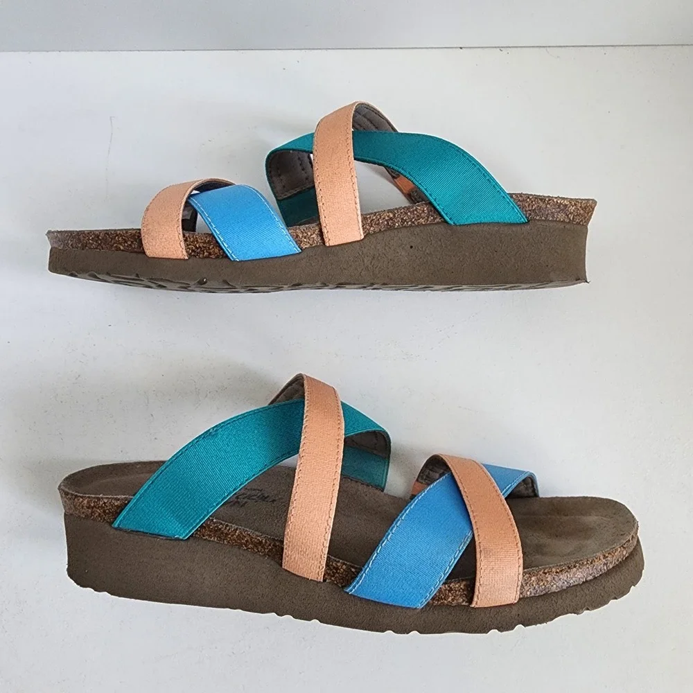 Naot Roxanna Strappy Cork Wedge Sandals Blue Teal Peach Size 39 / W 8-8.5